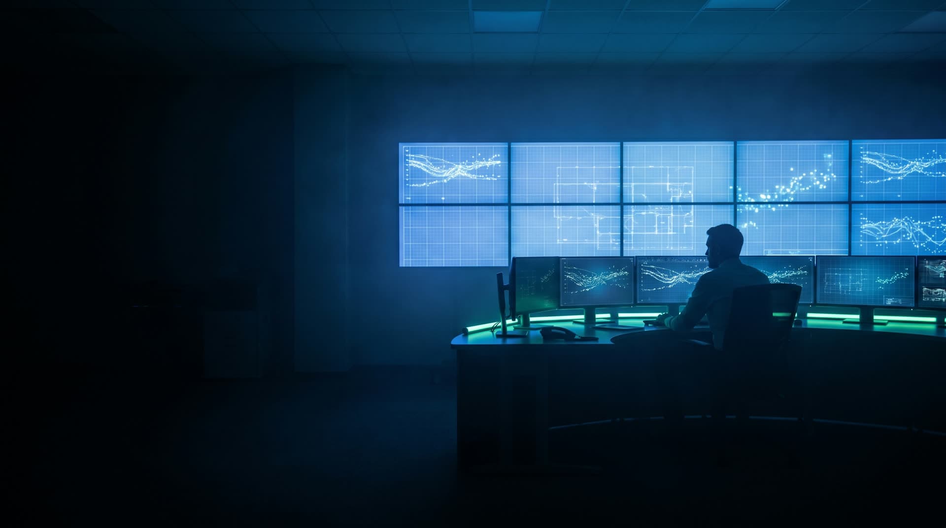 A fleet operations control room at night with a dispatcher monitoring fuel and delivery data on a wall of screens