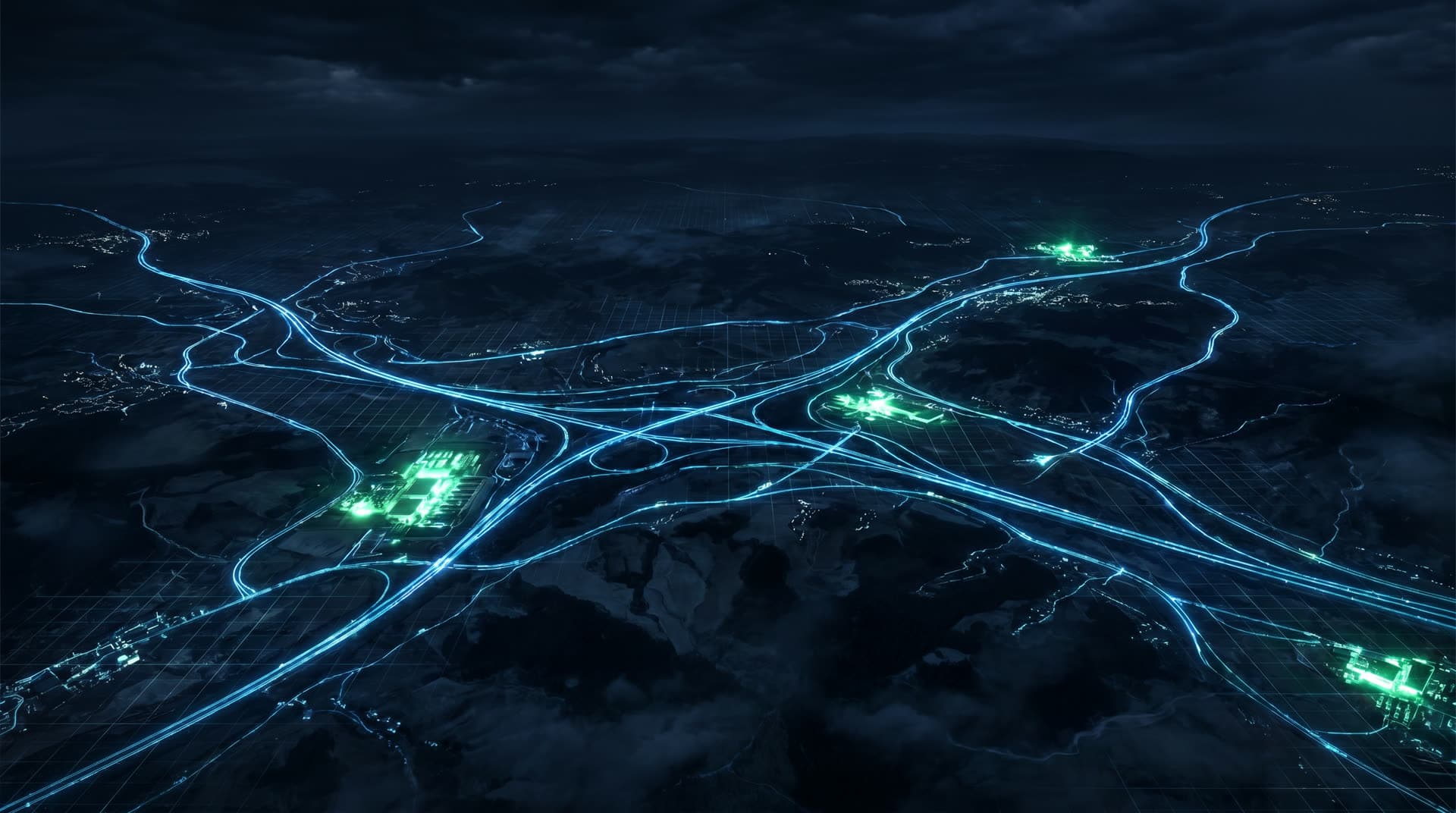 Aerial night view of glowing highway corridors forming a nationwide fleet-fueling coverage network